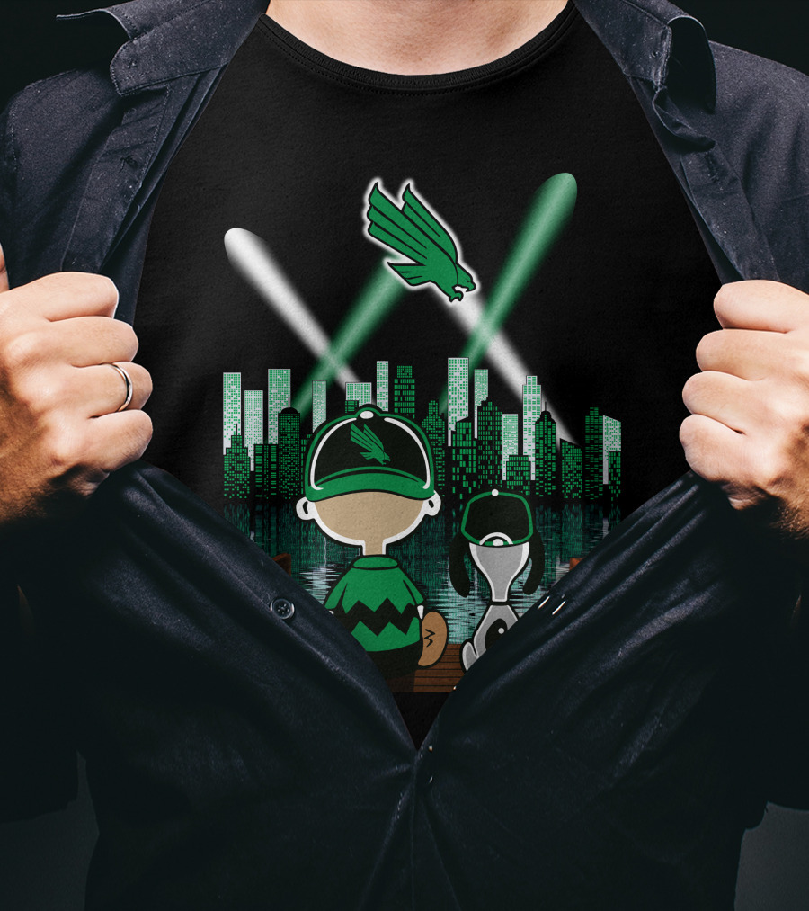 North Texas Mean Green City By Night Skyline With Cartoon Characters And Flying Bird T-Shirt