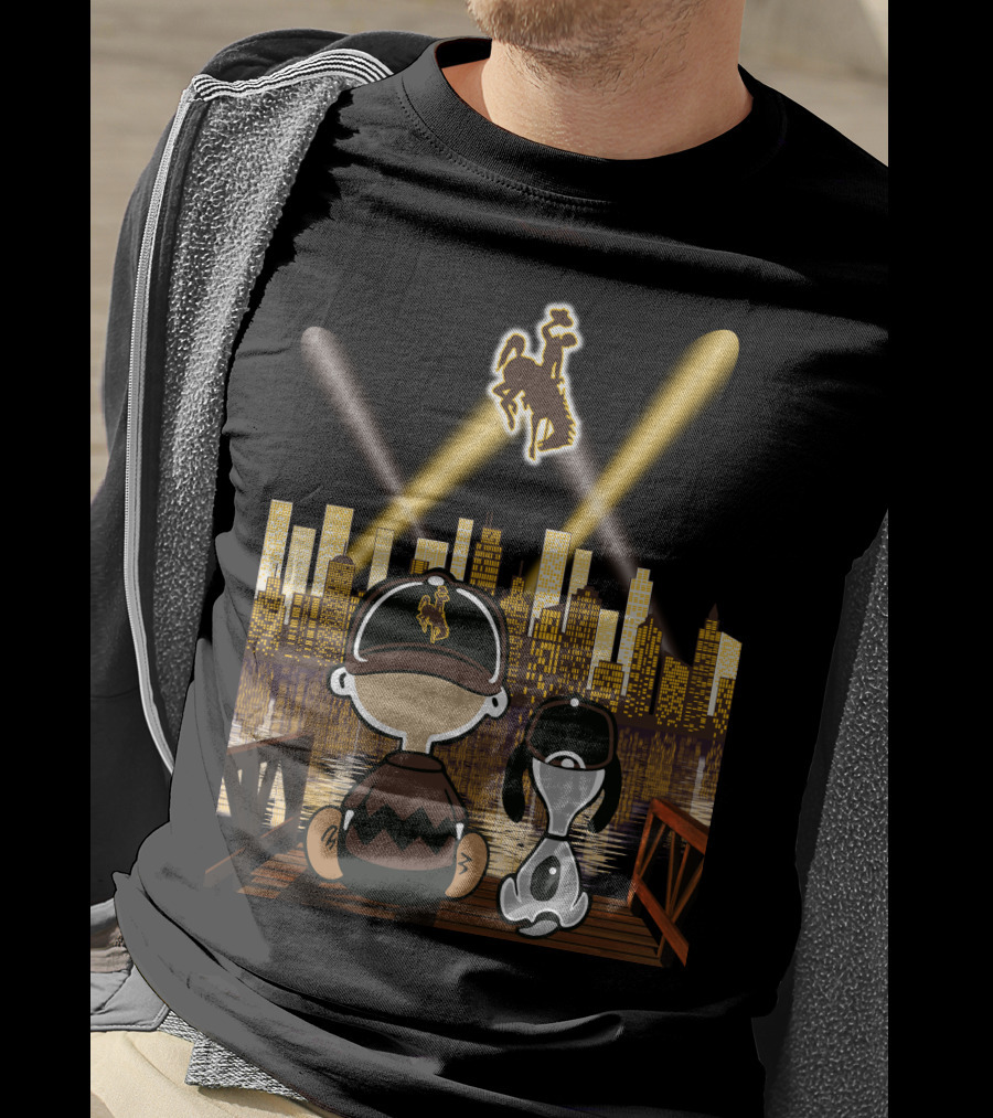 Wyoming Cowboys Skyline Spotlight Views With Cartoon Characters T-Shirt