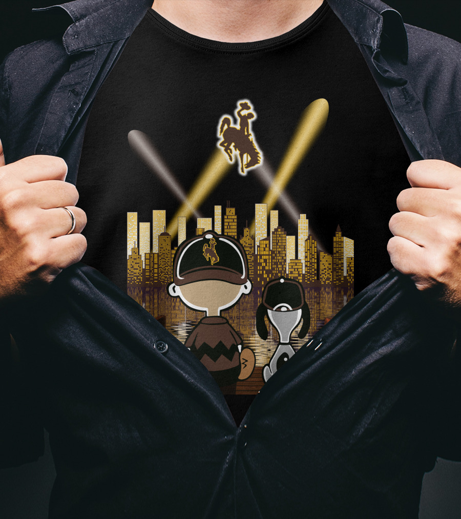 Wyoming Cowboys Skyline Spotlight Views With Cartoon Characters T-Shirt