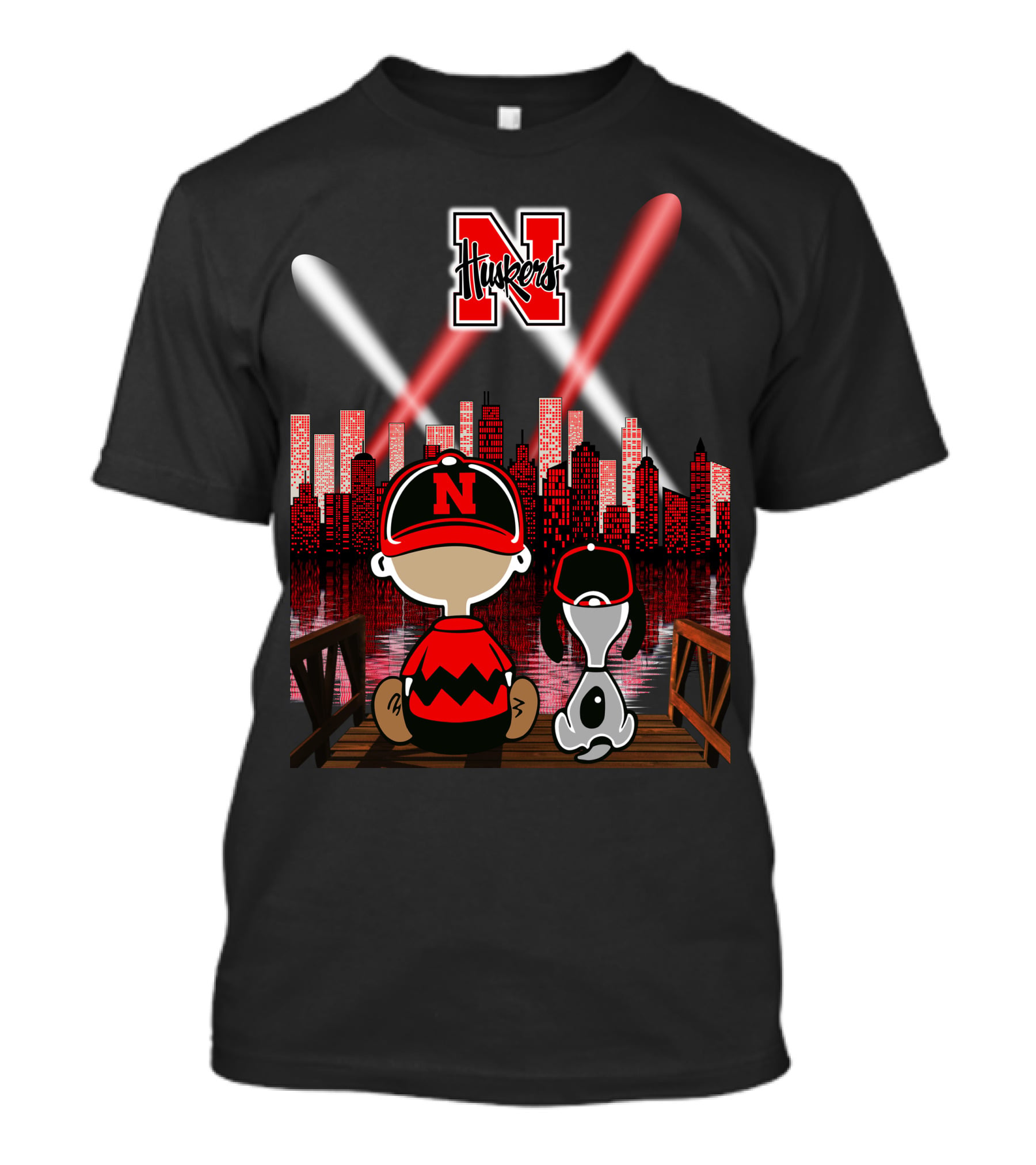 Nebraska Cornhuskers Huskers N City Skyline At Night With Peanuts Characters Charlie Brown And Snoopy T-Shirt