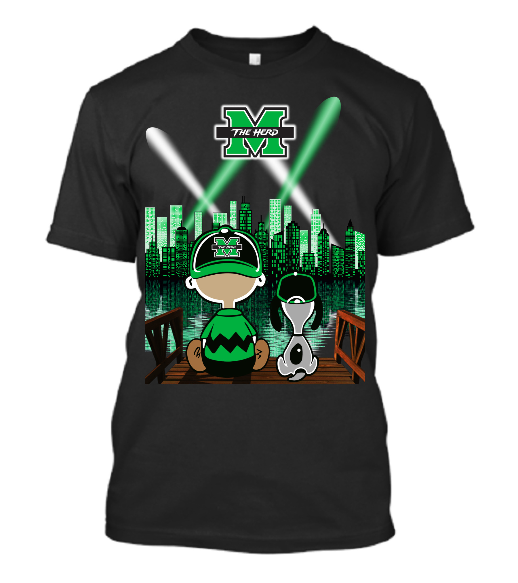 Marshall Thundering Herd Night Cityscape With Mascot And Dog On Bridge T-Shirt