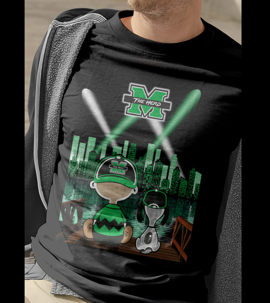Marshall Thundering Herd Night Cityscape With Mascot And Dog On Bridge T-Shirt