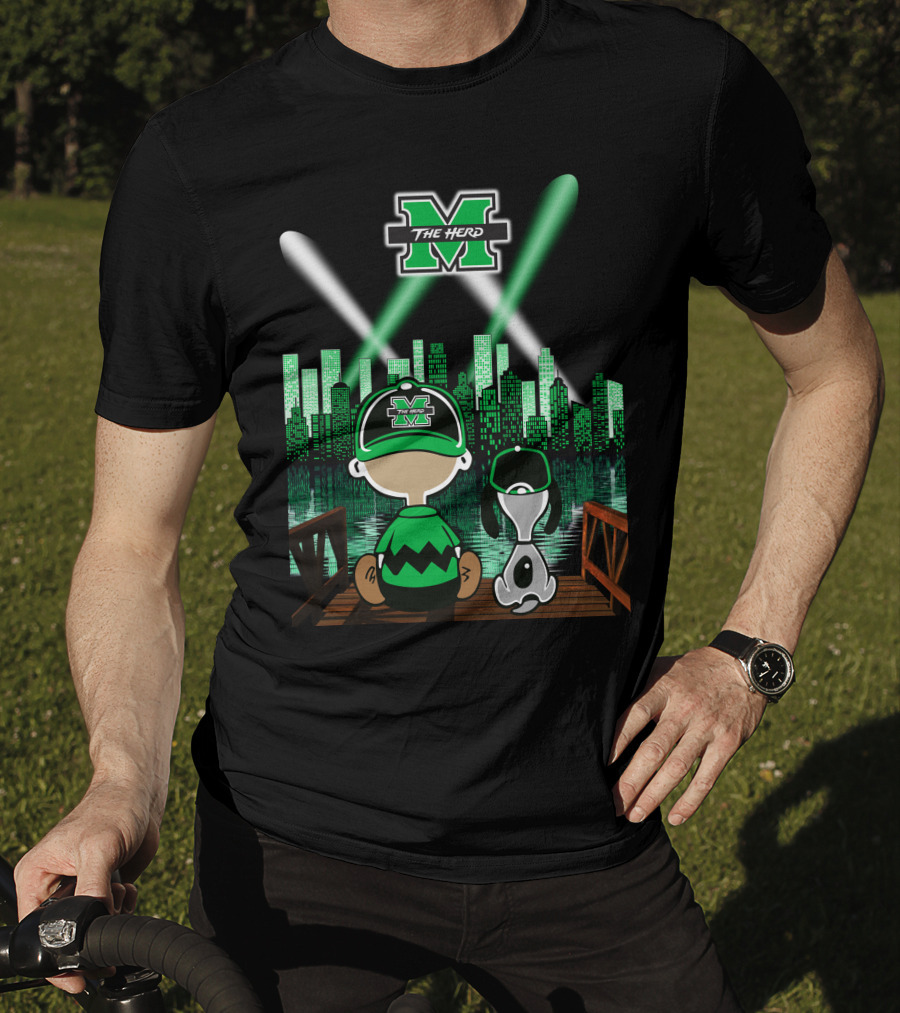 Marshall Thundering Herd Night Cityscape With Mascot And Dog On Bridge T-Shirt