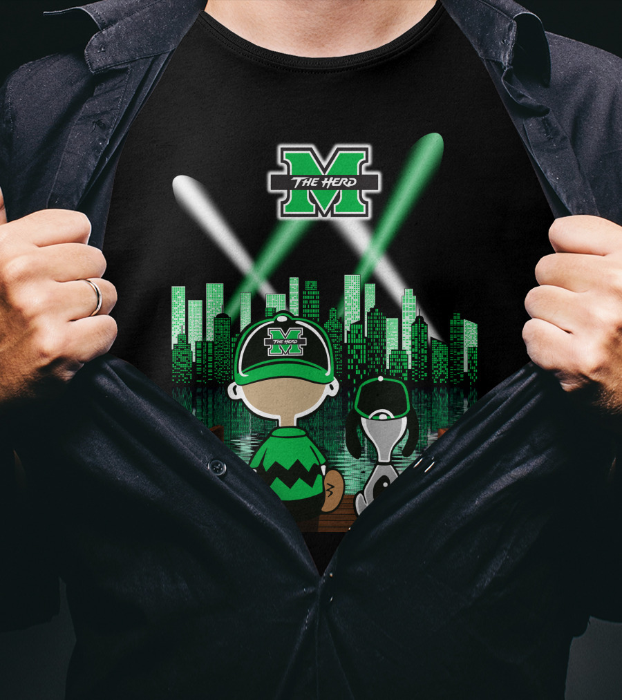 Marshall Thundering Herd Night Cityscape With Mascot And Dog On Bridge T-Shirt