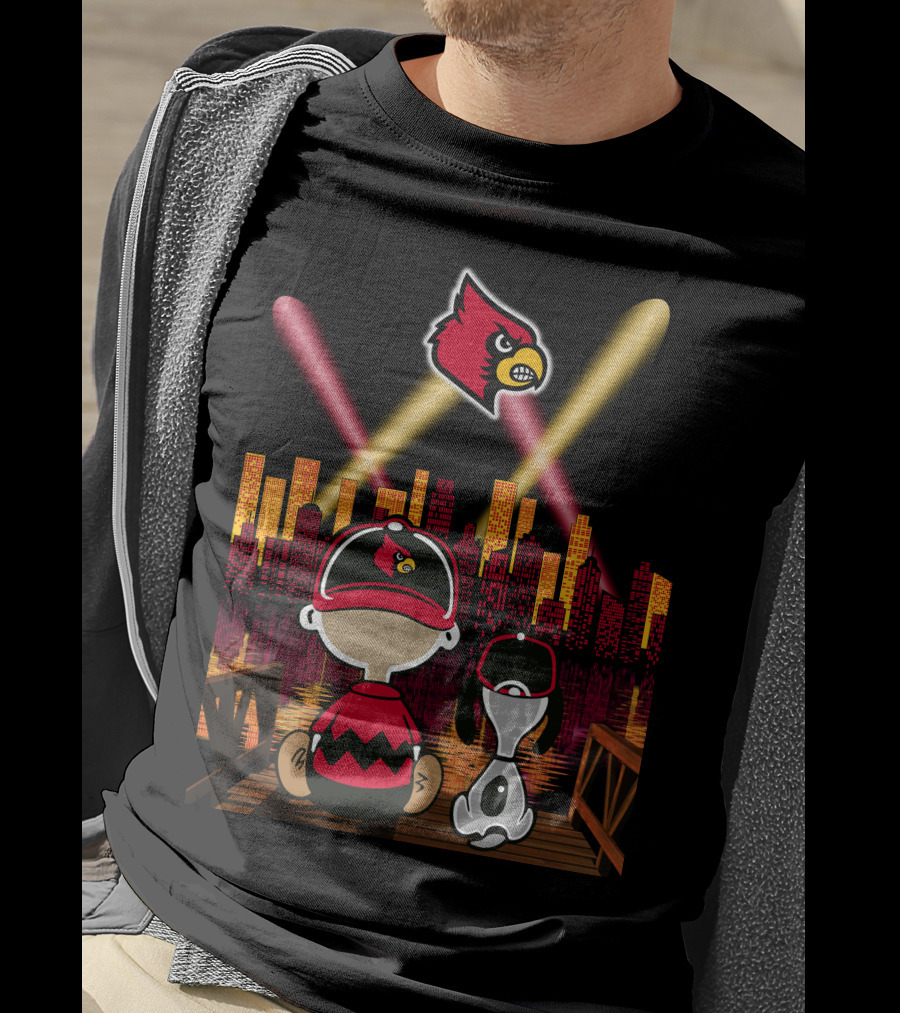 Louisville Cardinals City Lights With Characters Looking At Skyline T-Shirt