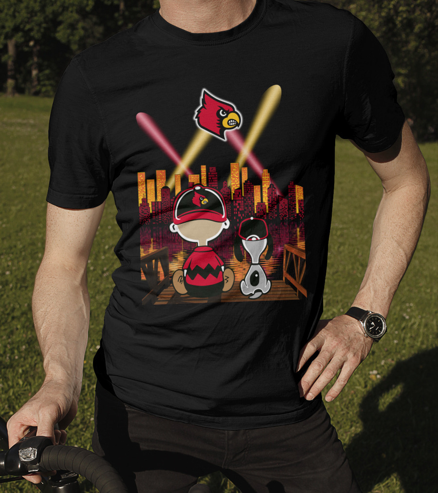 Louisville Cardinals City Lights With Characters Looking At Skyline T-Shirt