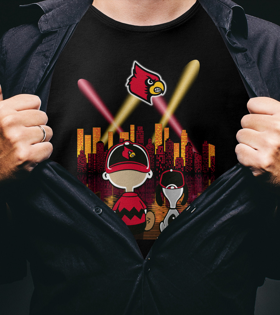 Louisville Cardinals City Lights With Characters Looking At Skyline T-Shirt