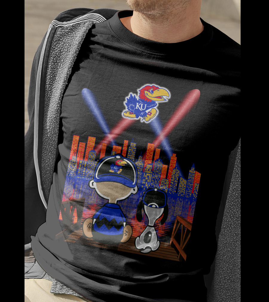Kansas Jayhawks City Skyline Night Reflections With Mascot And Dog T-Shirt