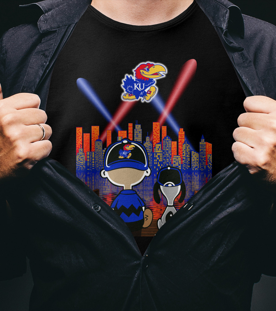 Kansas Jayhawks City Skyline Night Reflections With Mascot And Dog T-Shirt