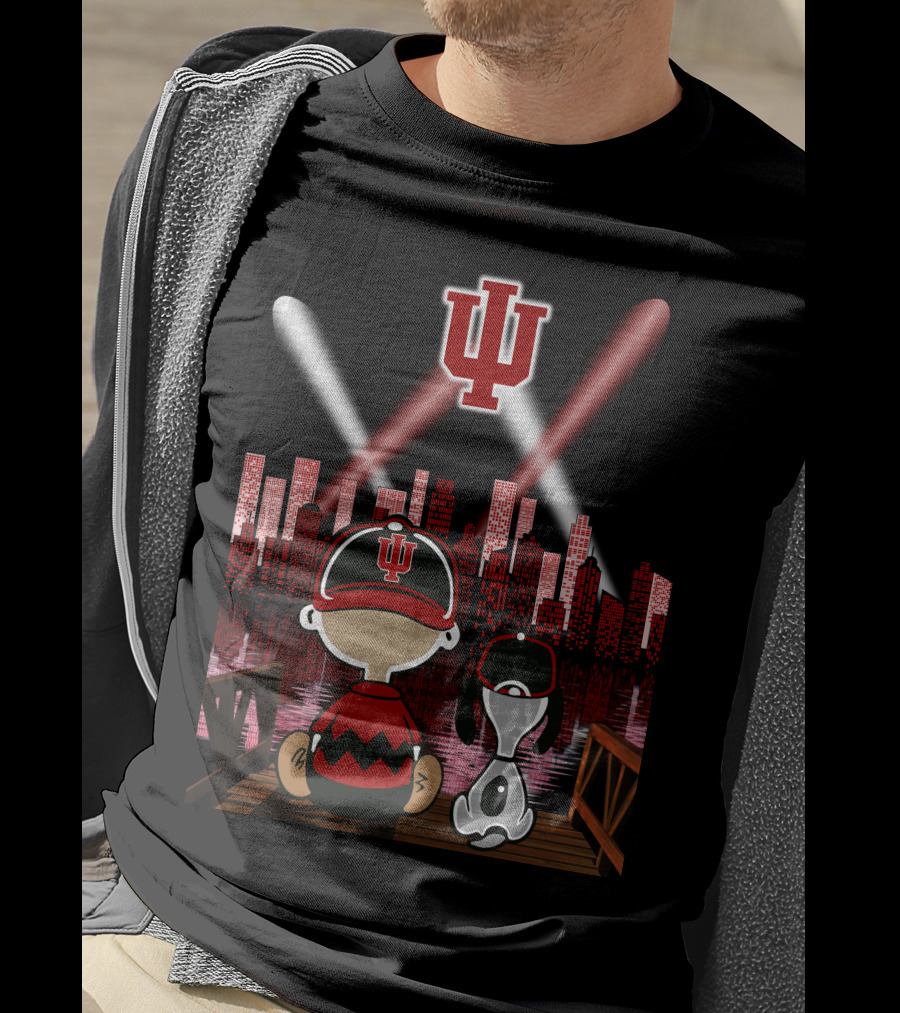 Indiana Hoosiers Nighttime City Skyline With Iconic Characters T-Shirt