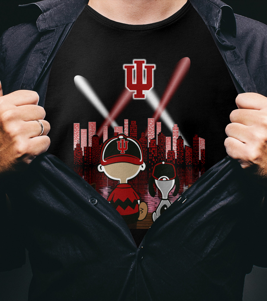 Indiana Hoosiers Nighttime City Skyline With Iconic Characters T-Shirt