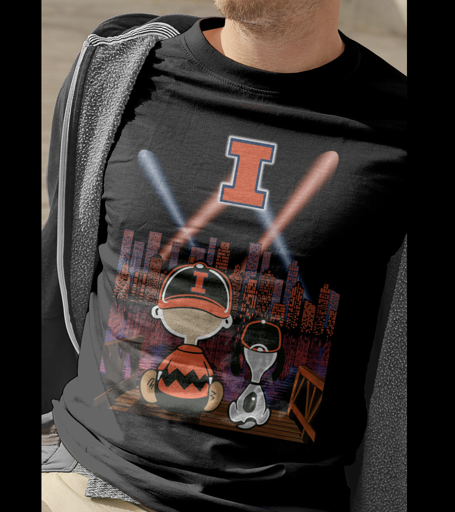 Illinois Fighting Illini Cityscape Nighttime Scene With Iconic Characters And Letter I T-Shirt