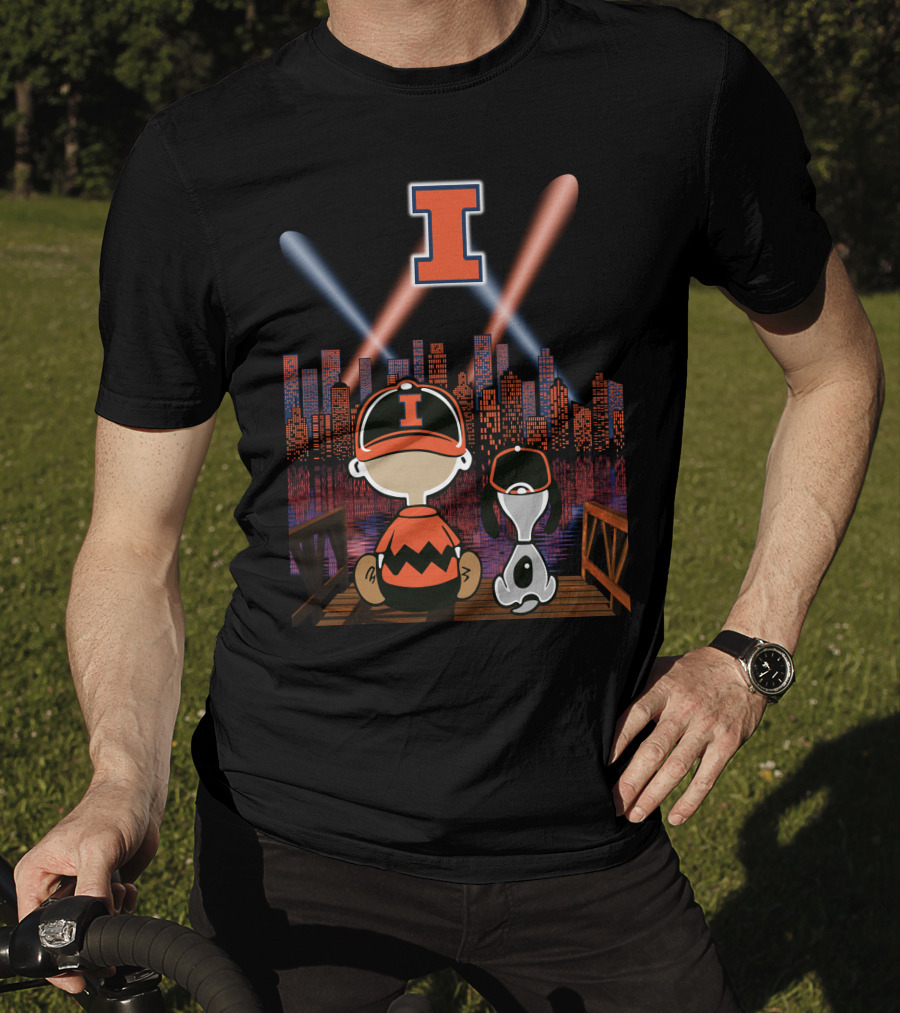 Illinois Fighting Illini Cityscape Nighttime Scene With Iconic Characters And Letter I T-Shirt