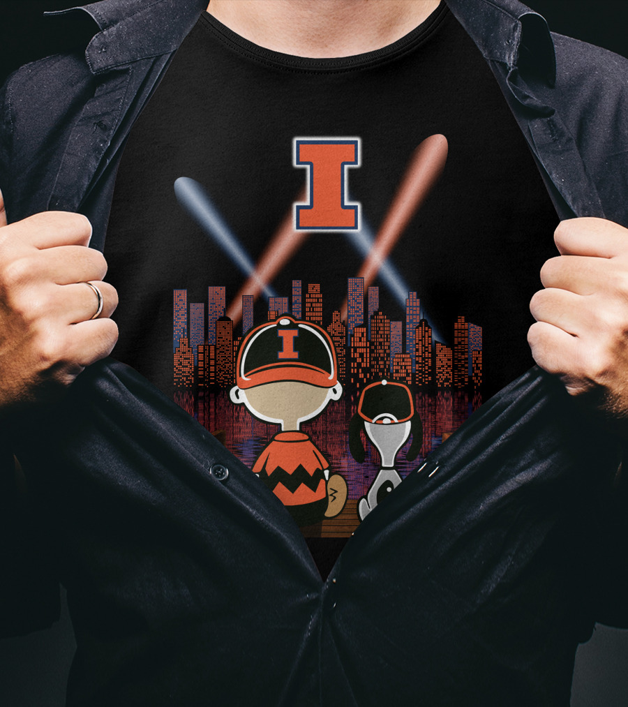 Illinois Fighting Illini Cityscape Nighttime Scene With Iconic Characters And Letter I T-Shirt