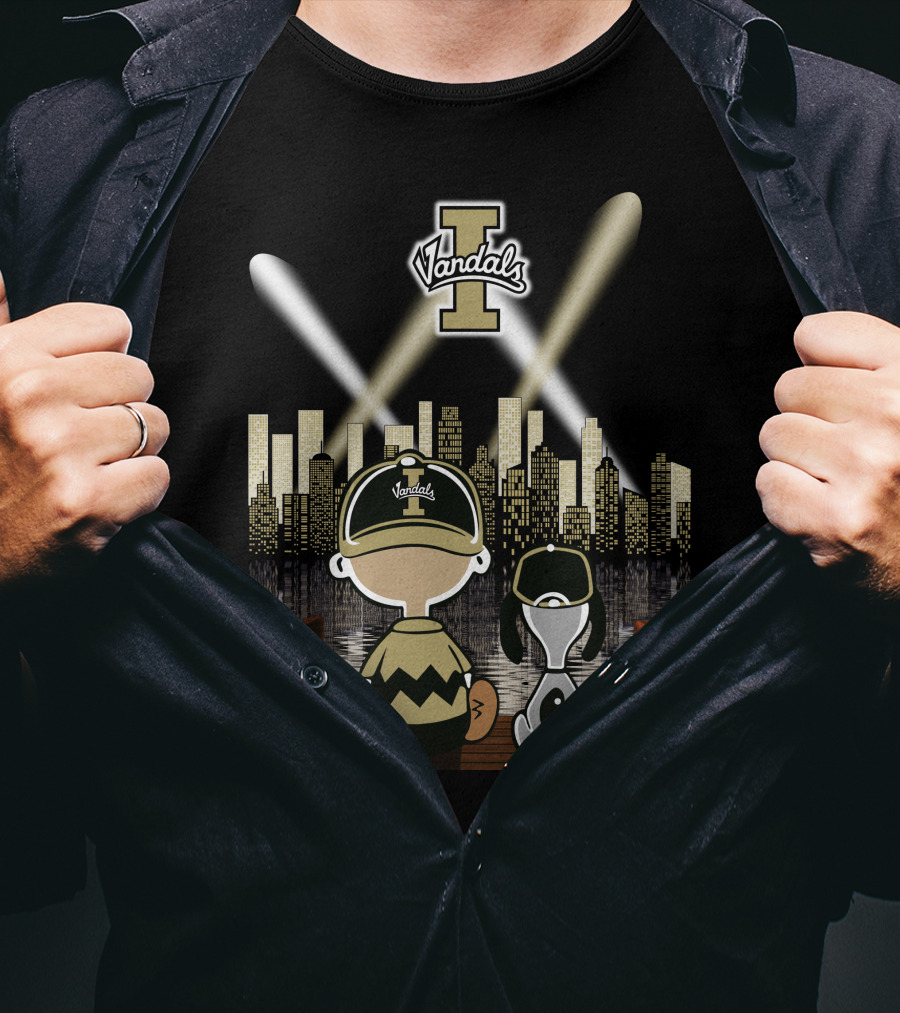 Vandals Idaho City Skyline At Night With Cartoon Characters T-Shirt