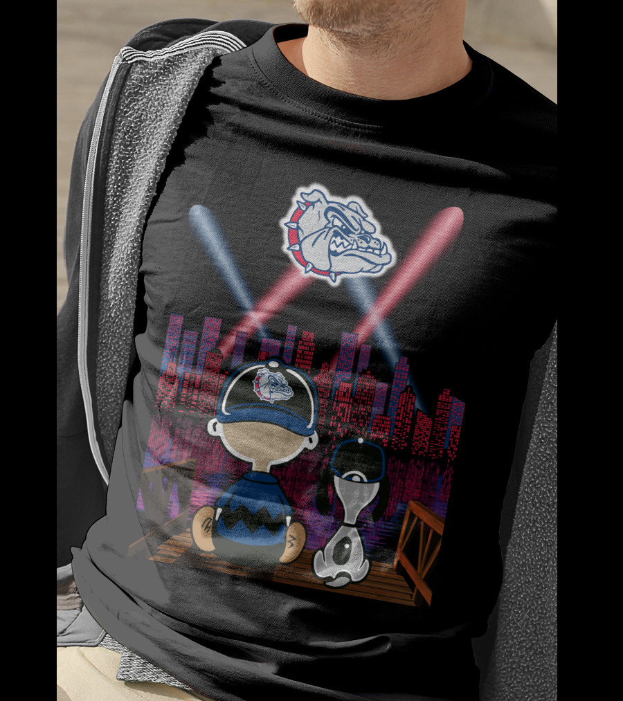 Gonzaga Bulldogs Night Cityscape With Skyline And Cartoon Characters T-Shirt