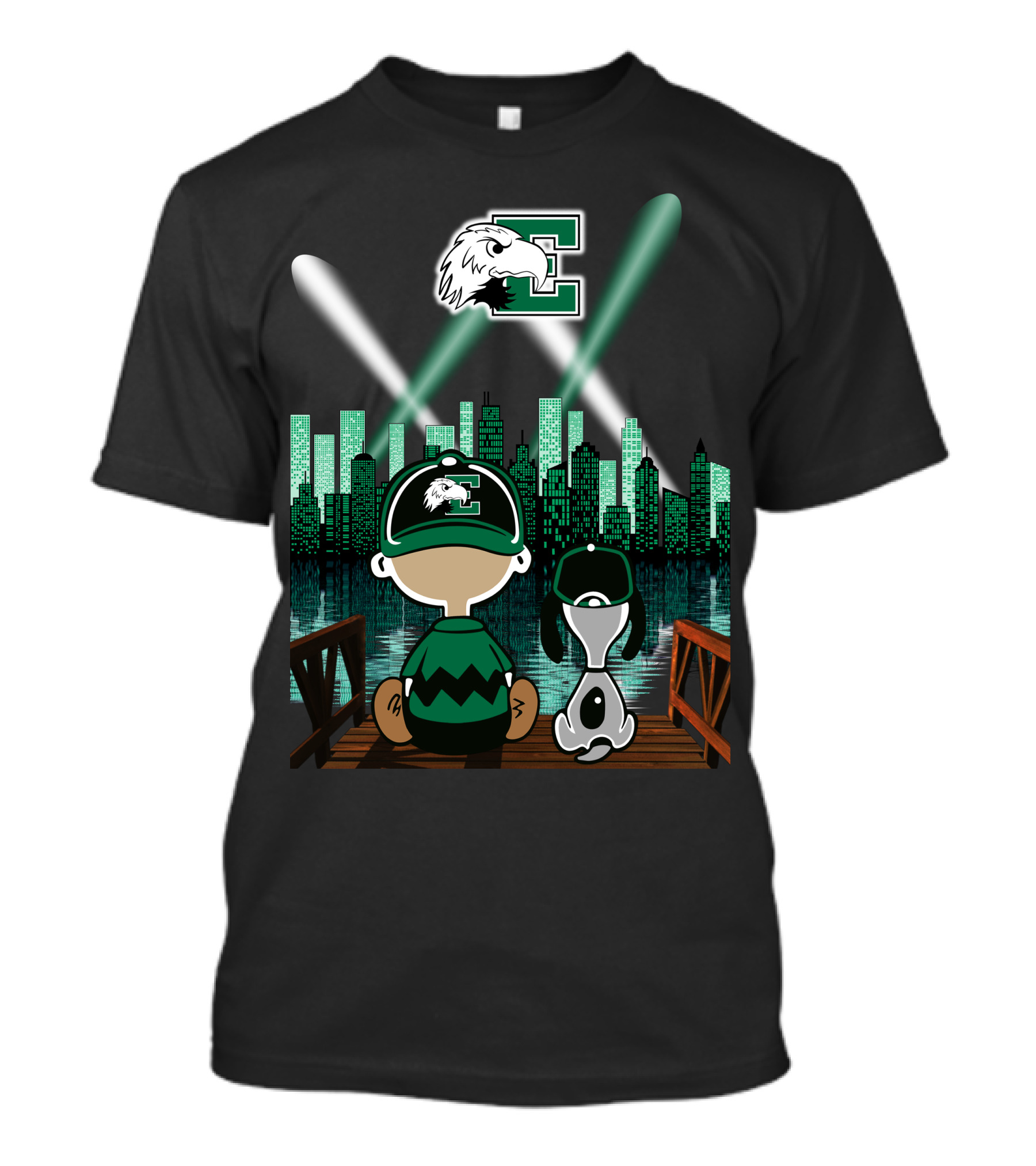 Eastern Michigan Eagles '77 City Skyline At Night With Mascot And Dog T-Shirt