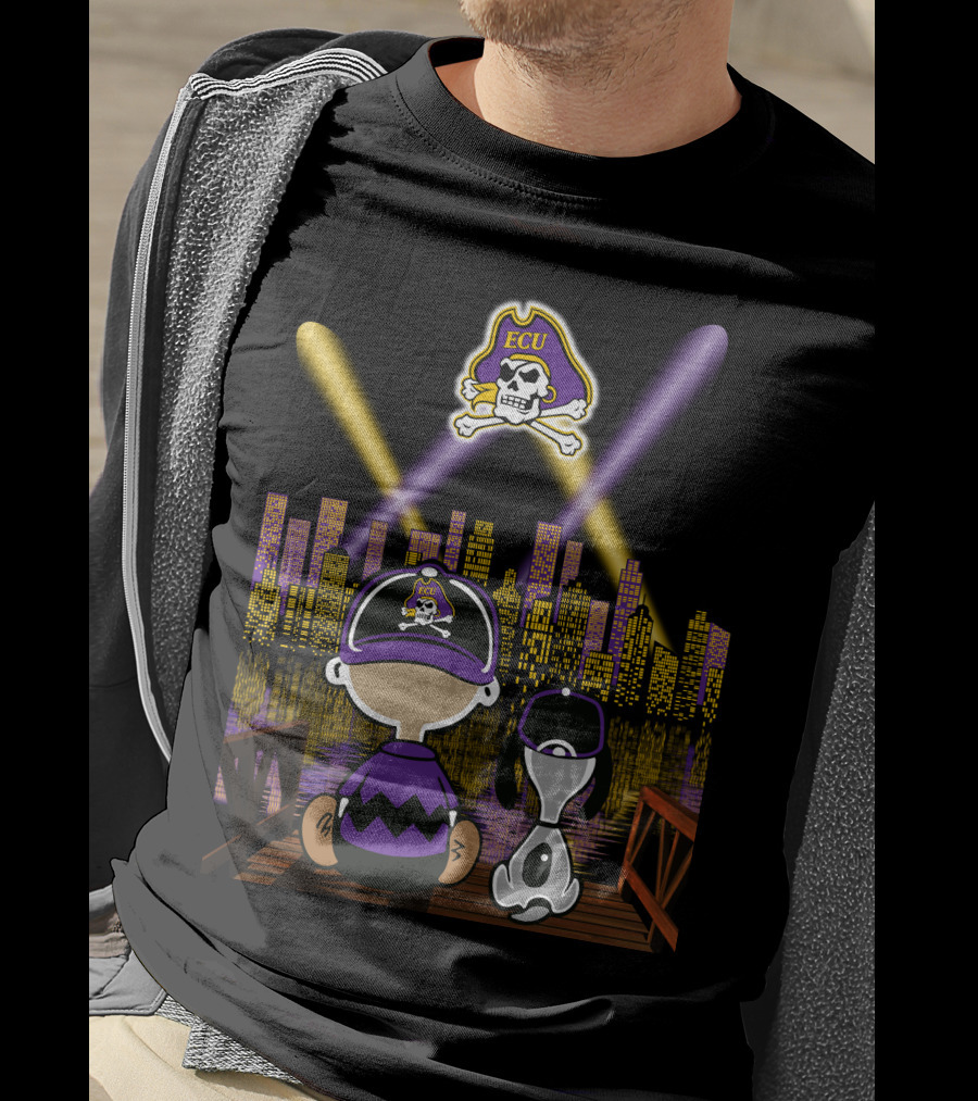 East Carolina Pirates Night Cityscape With Ecu Skull Logo And Characters T-Shirt