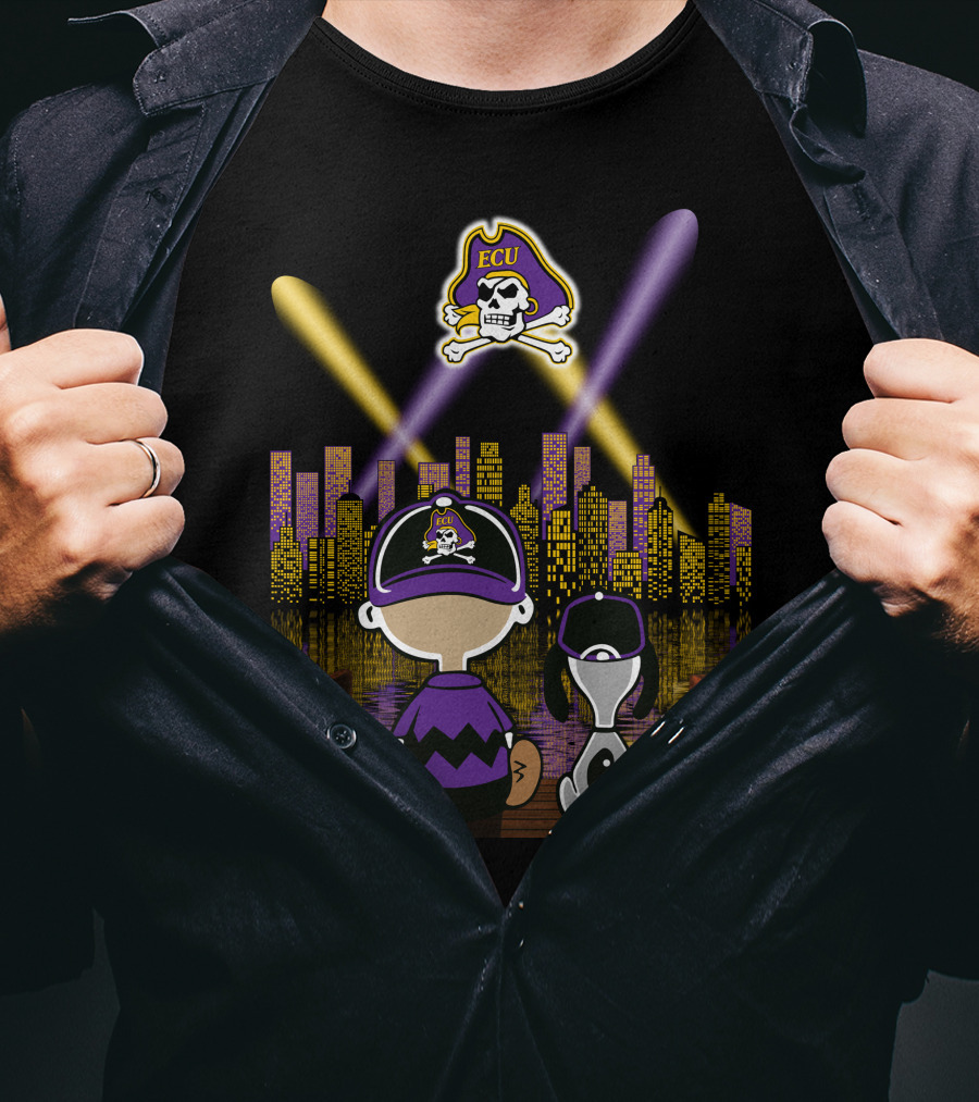 East Carolina Pirates Night Cityscape With Ecu Skull Logo And Characters T-Shirt