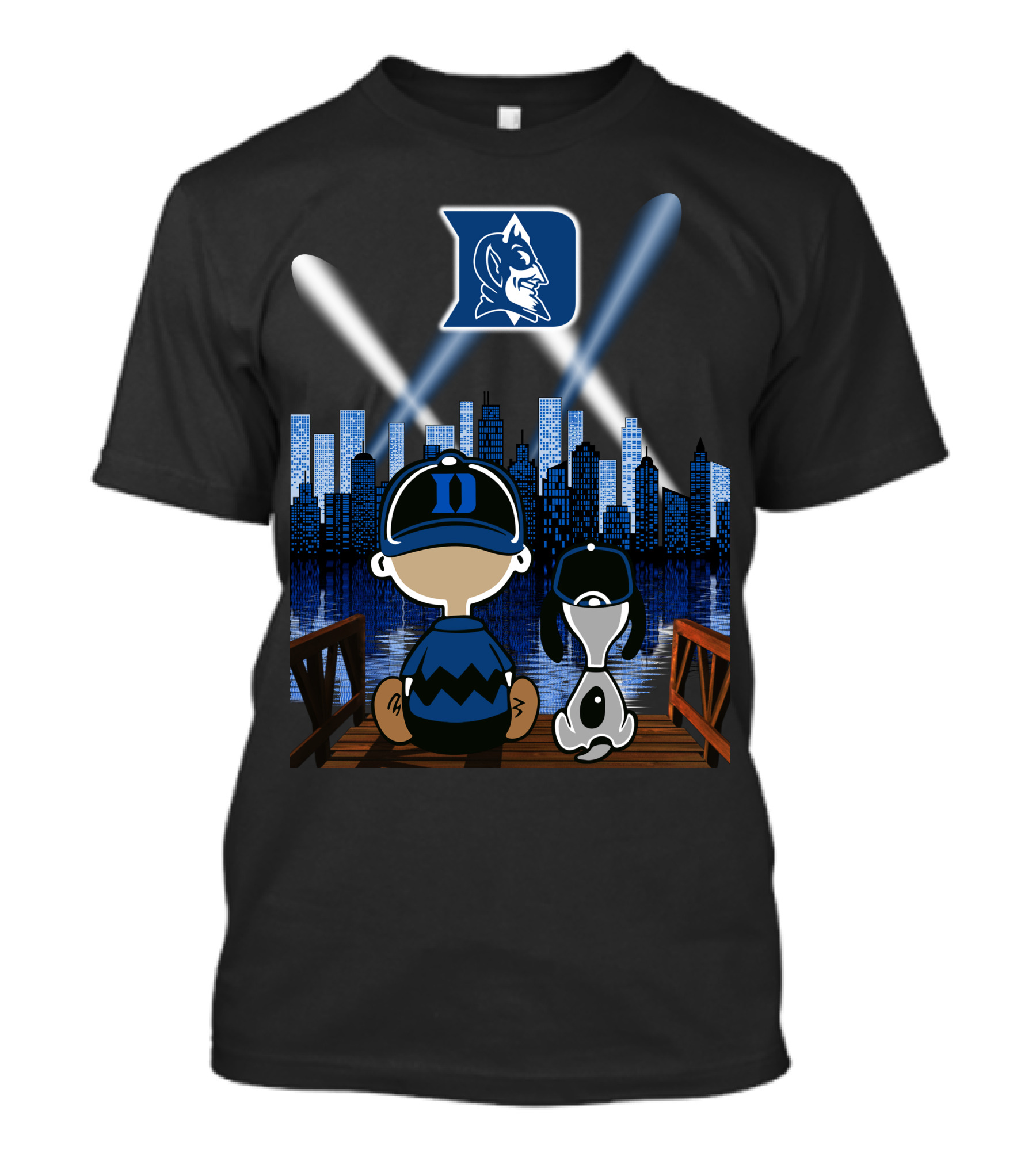 Duke Blue Devils Skyline Night With Iconic Characters T-Shirt