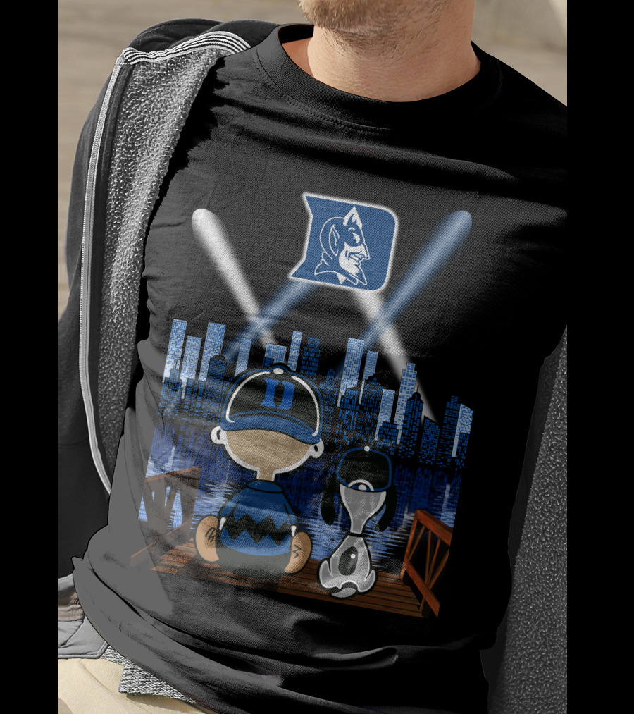 Duke Blue Devils Skyline Night With Iconic Characters T-Shirt
