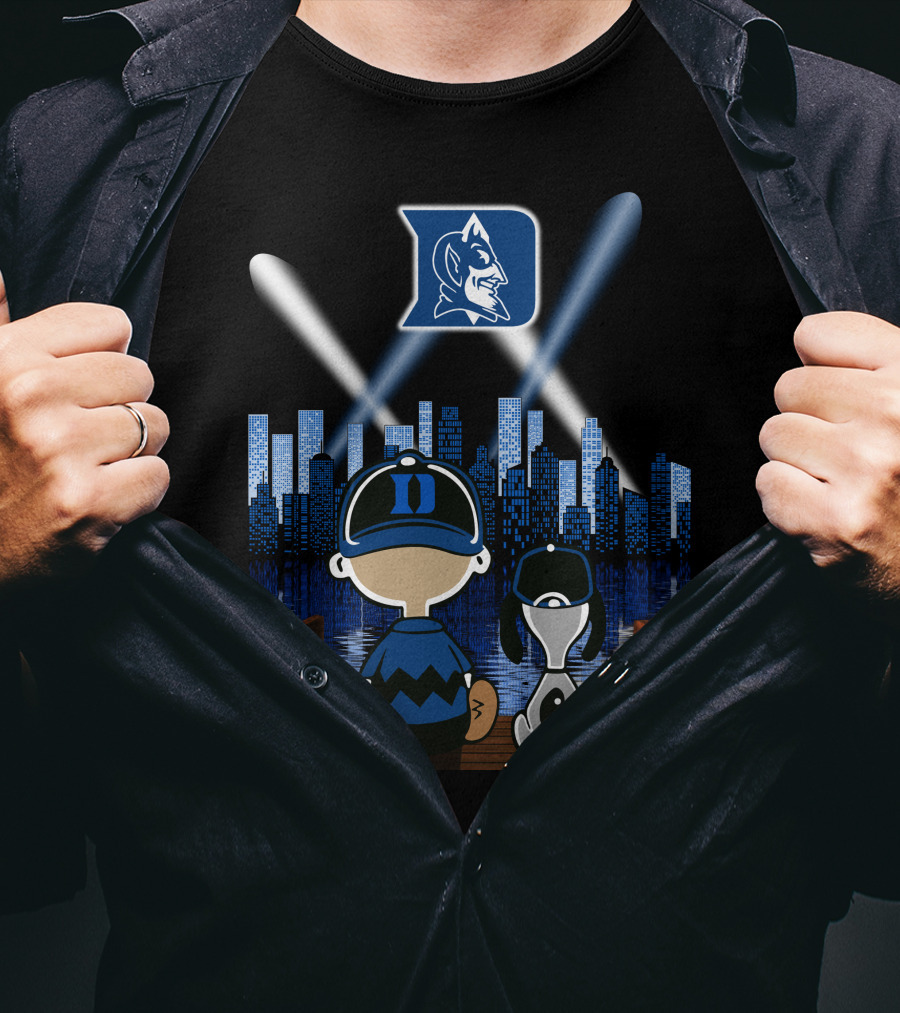 Duke Blue Devils Skyline Night With Iconic Characters T-Shirt