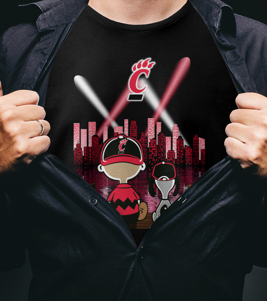 Cincinnati Bearcats City By Night Skyline With Iconic Cartoon Characters And Red Paw T-Shirt