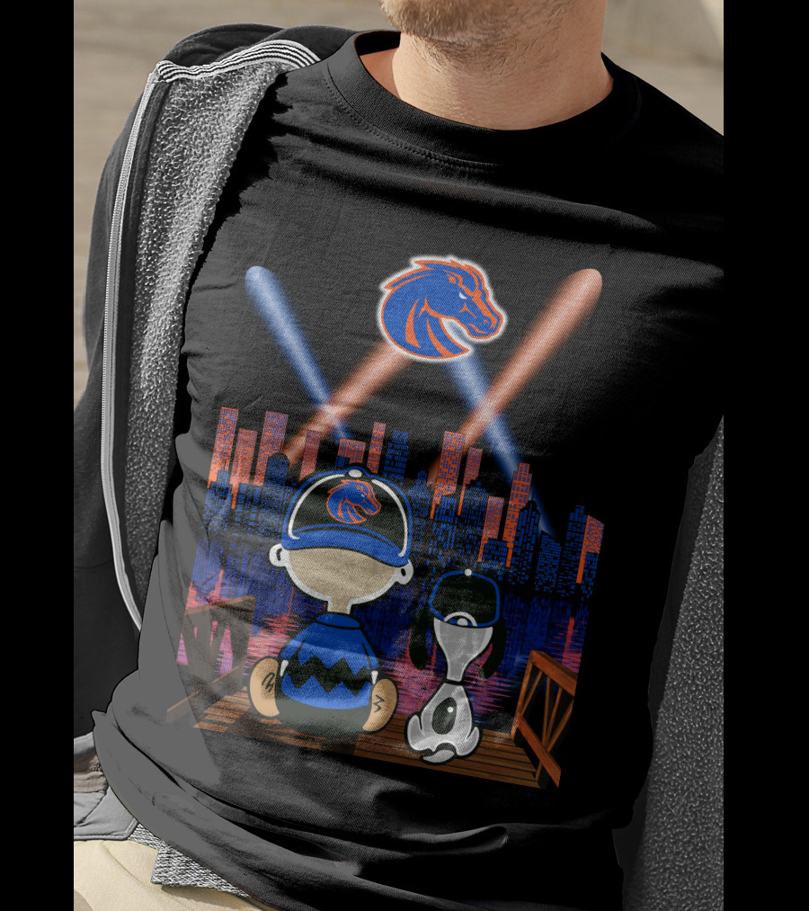Boise State Broncos City Night Skyline With Cartoon Characters T-Shirt
