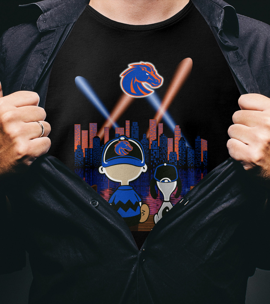 Boise State Broncos City Night Skyline With Cartoon Characters T-Shirt