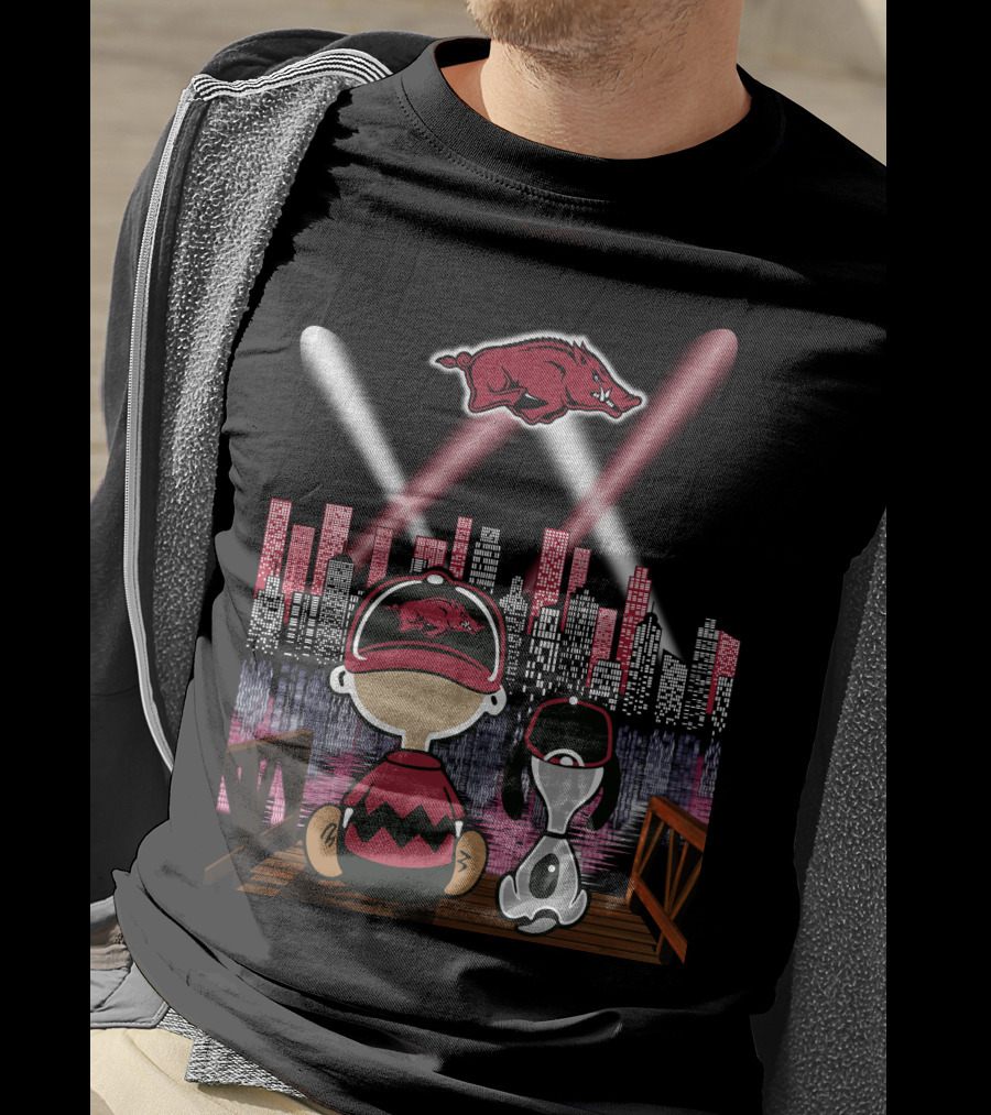 Arkansas Razorbacks '94 Skyline Night Scene With Cartoon Characters And Spotlights T-Shirt