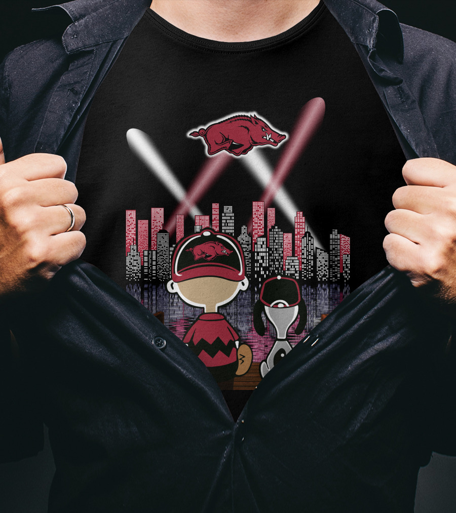 Arkansas Razorbacks '94 Skyline Night Scene With Cartoon Characters And Spotlights T-Shirt