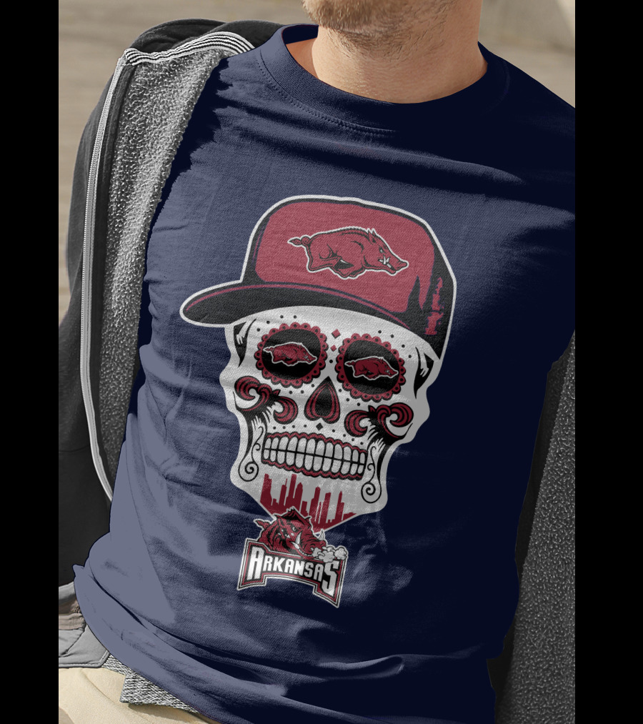 Arkansas Razorbacks Skull With Hat And Team T-Shirt