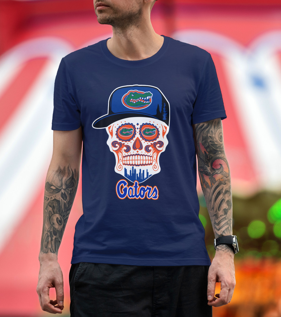 Florida Gators Skull With Alligator Logo And Hat Blue Orange T-Shirt