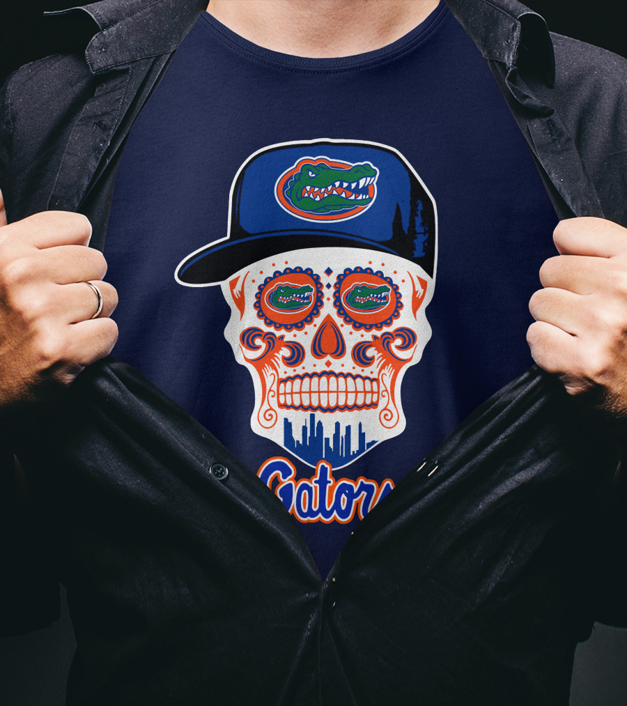 Florida Gators Skull With Alligator Logo And Hat Blue Orange T-Shirt