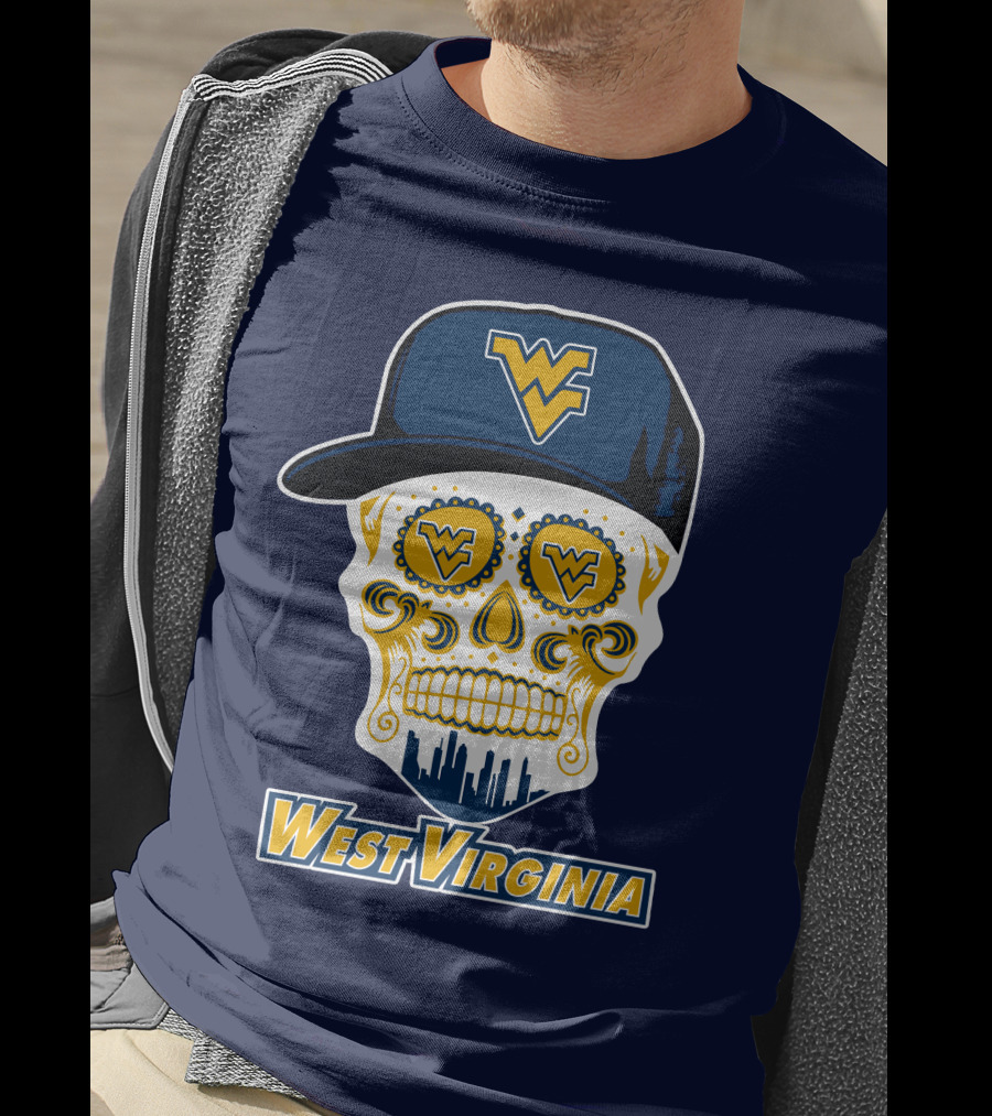 West Virginia Mountaineers Skull Design With Wv Cap And Skyline T-Shirt