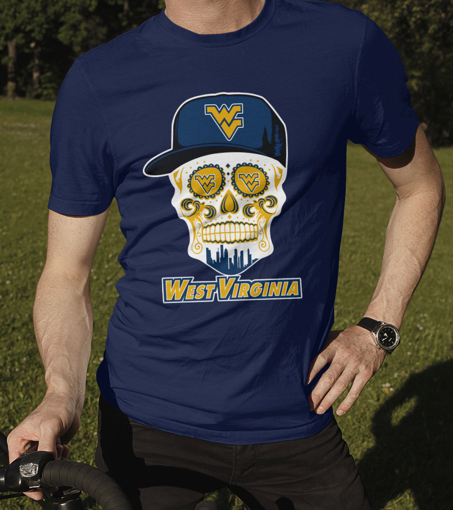 West Virginia Mountaineers Skull Design With Wv Cap And Skyline T-Shirt