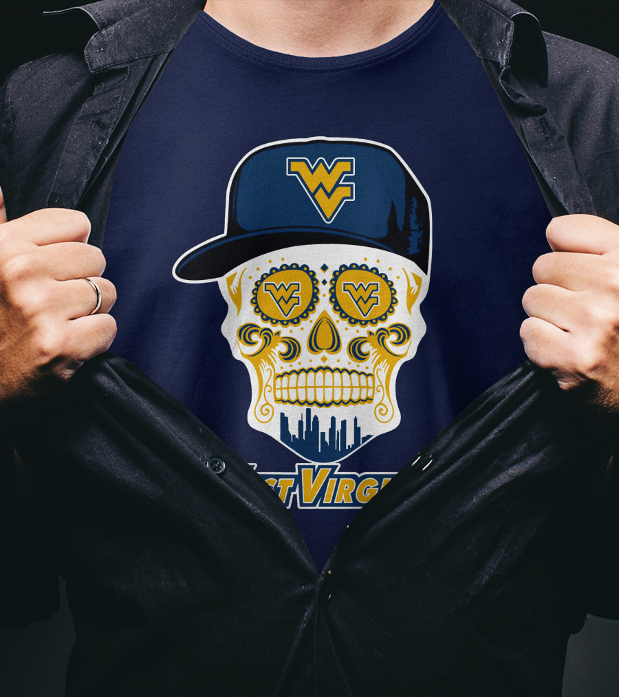 West Virginia Mountaineers Skull Design With Wv Cap And Skyline T-Shirt