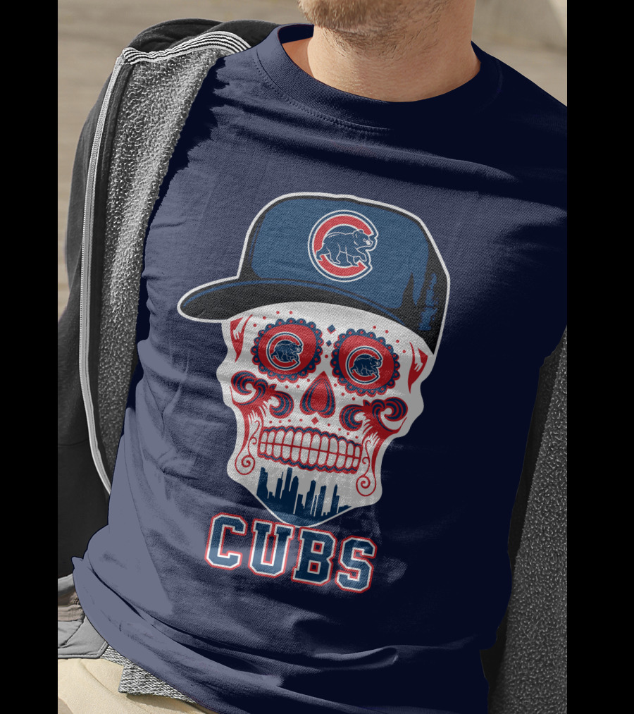 Chicago Cubs Skull With Cap Cityscape Fun T-Shirt