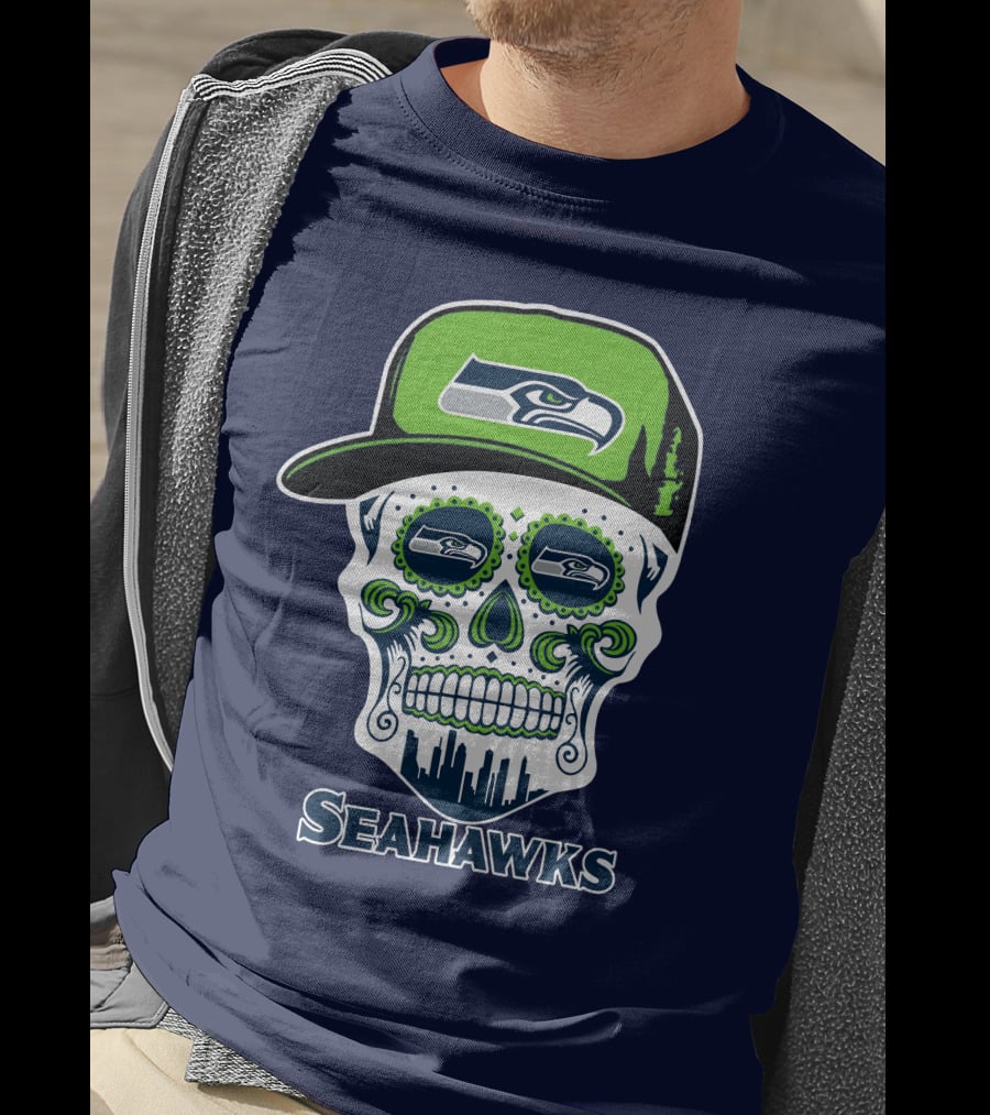 Seattle Seahawks Skull Art With Team Logo And Skyline T-Shirt