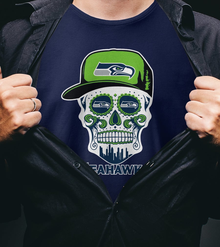 Seattle Seahawks Skull Art With Team Logo And Skyline T-Shirt