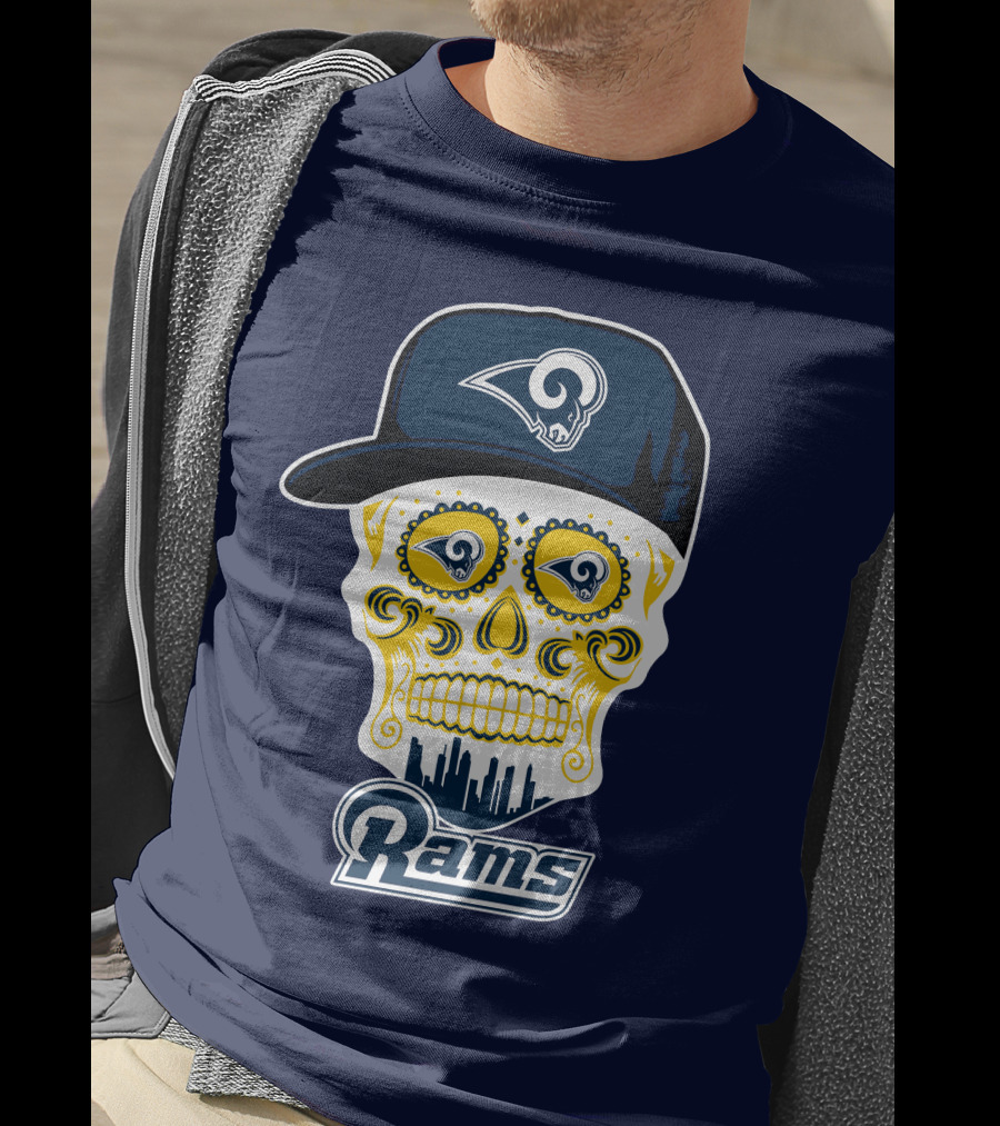 Los Angeles Rams Skull Iconic Rams Logo In Cap Funny T-Shirt