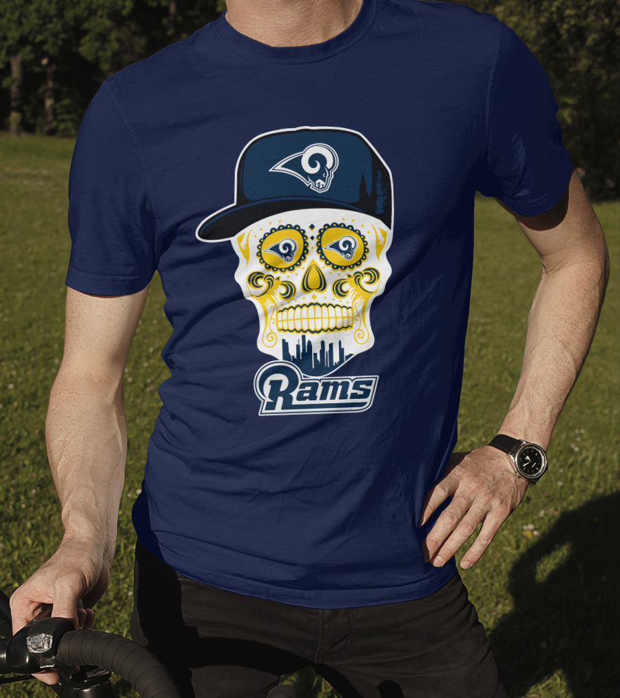 Los Angeles Rams Skull Iconic Rams Logo In Cap Funny T-Shirt