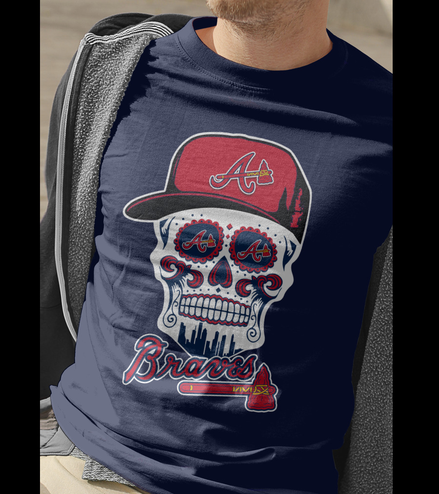 Atlanta Braves Skull With Baseball Cap And Tomahawk T-Shirt