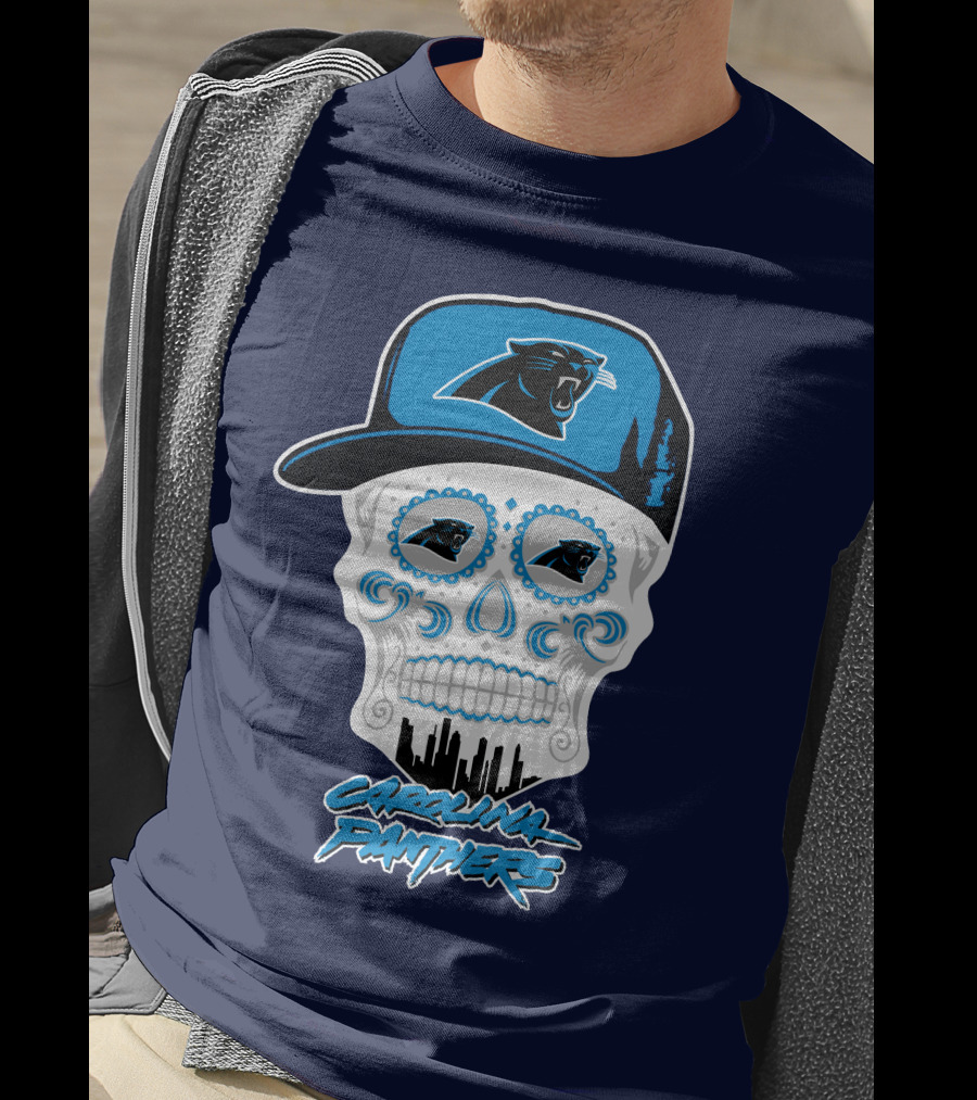 Carolina Panthers Skull Design With Panther Eyes And Cap T-Shirt