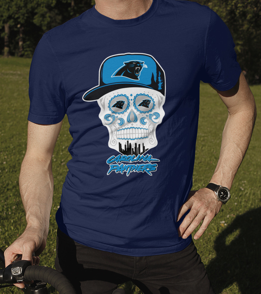 Carolina Panthers Skull Design With Panther Eyes And Cap T-Shirt