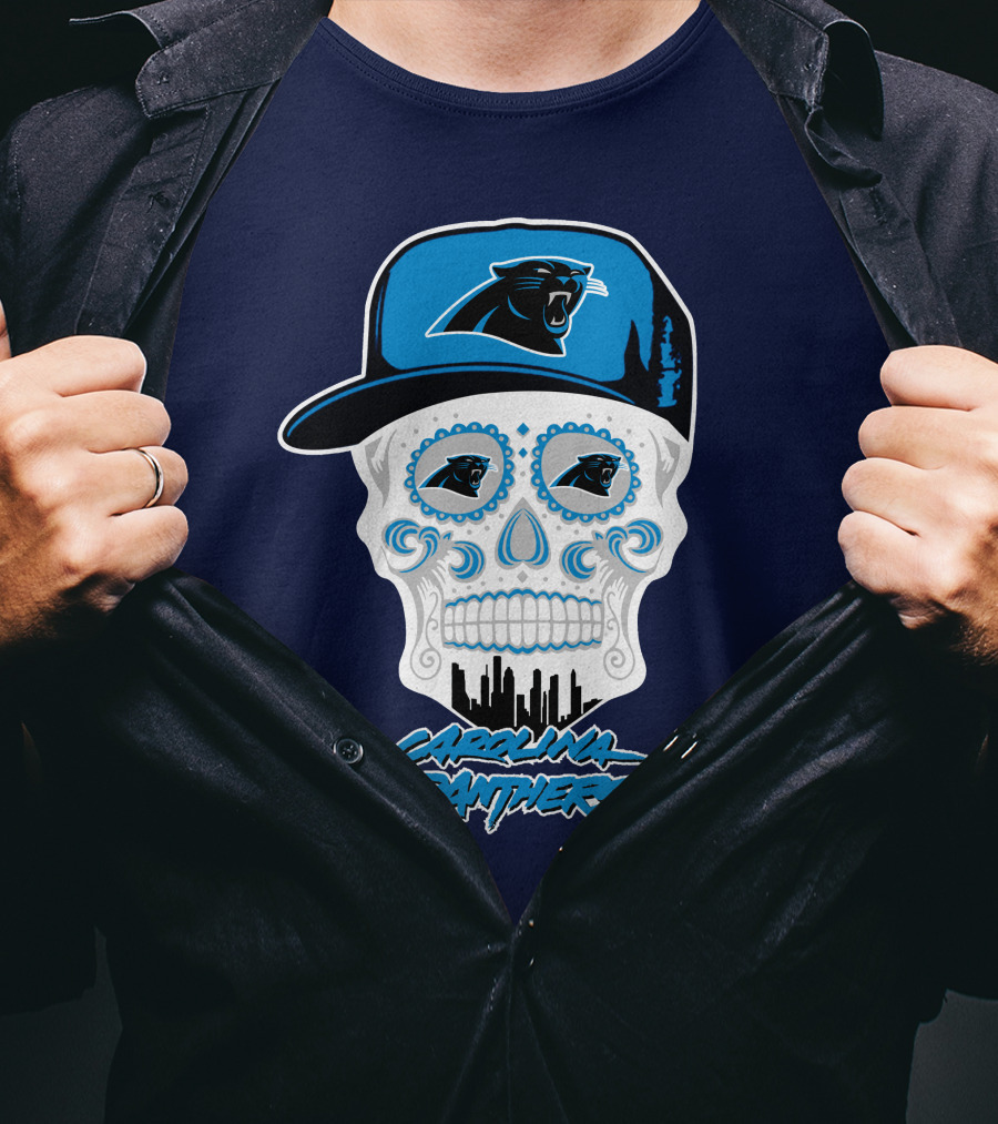 Carolina Panthers Skull Design With Panther Eyes And Cap T-Shirt