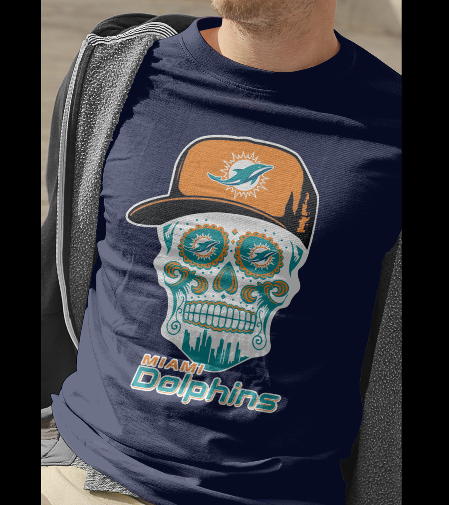 Miami Dolphins Sugar Skull Cap Art T-Shirt