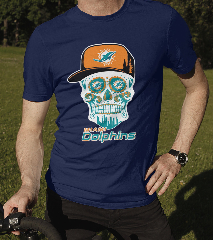 Miami Dolphins Sugar Skull Cap Art T-Shirt
