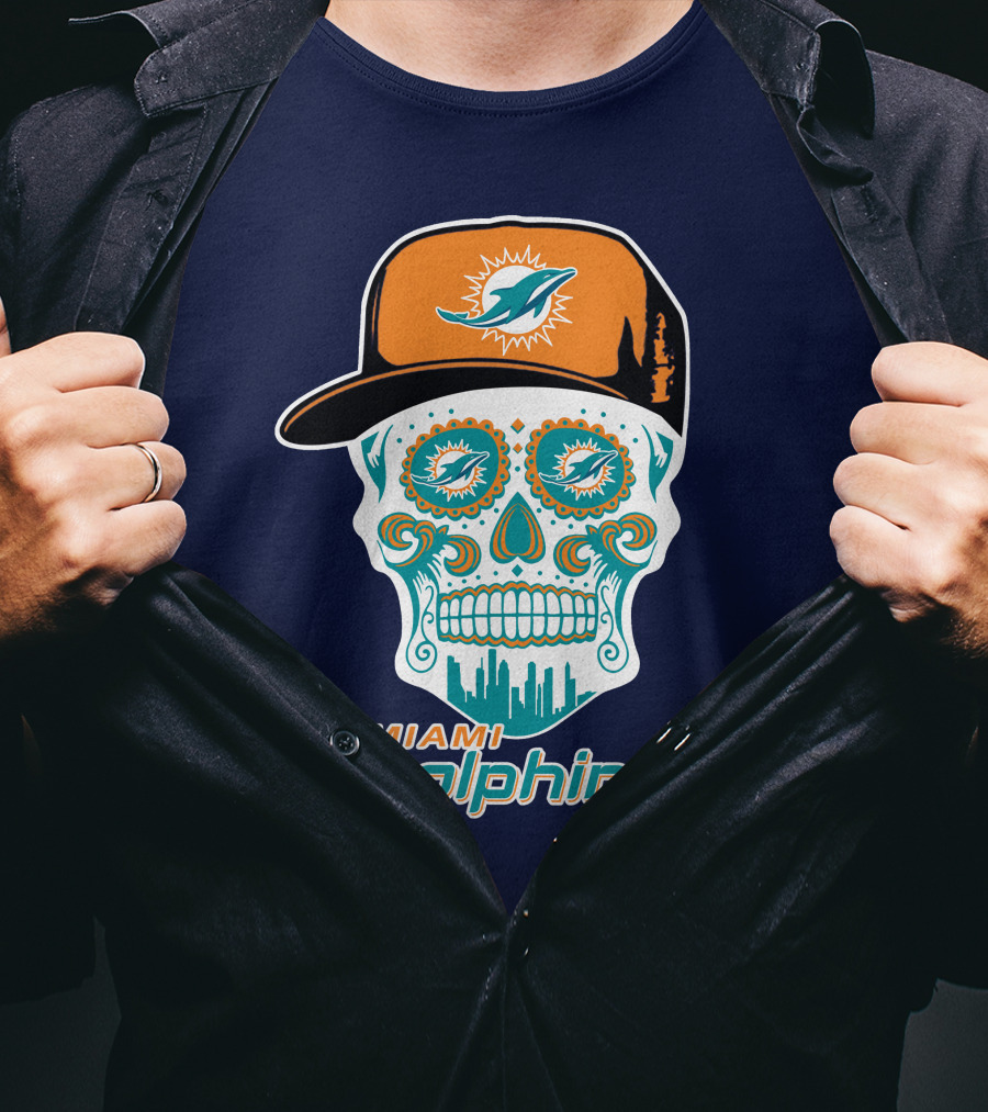 Miami Dolphins Sugar Skull Cap Art T-Shirt