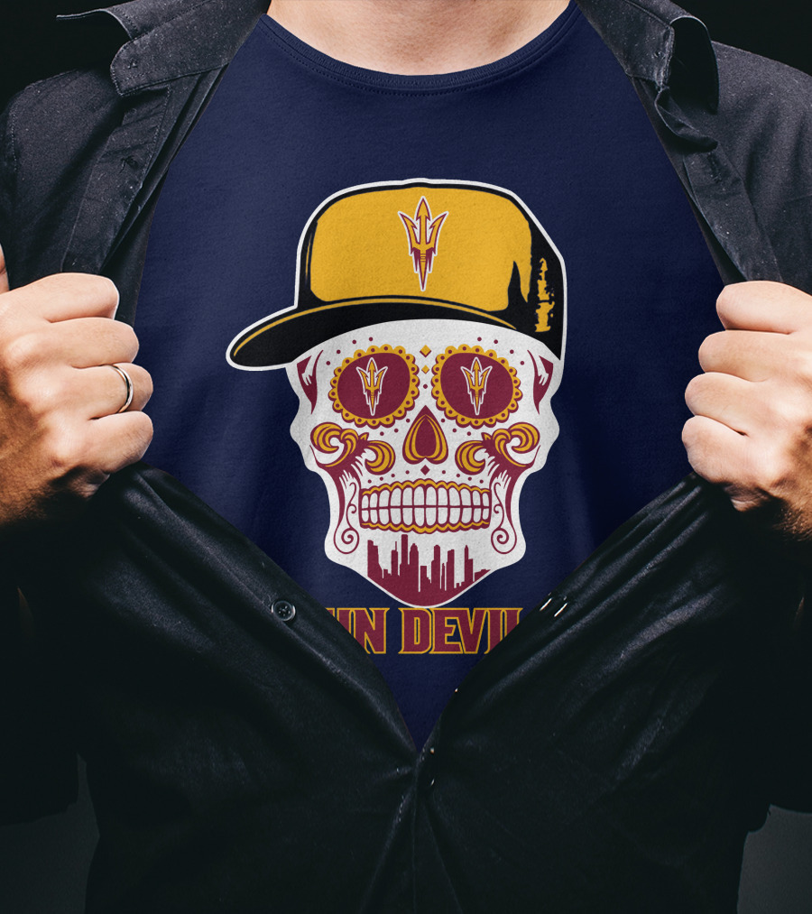 Sun Devils Sugar Skull With Arizona State Emblem Baseball Cap T-Shirt